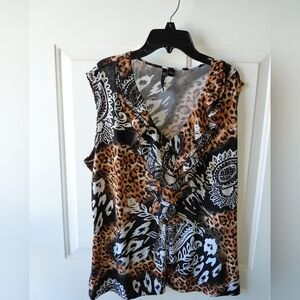 Milano Sleeveless Animal & Paisley Print Ruffle V-Neck Top - Brown/Black/White